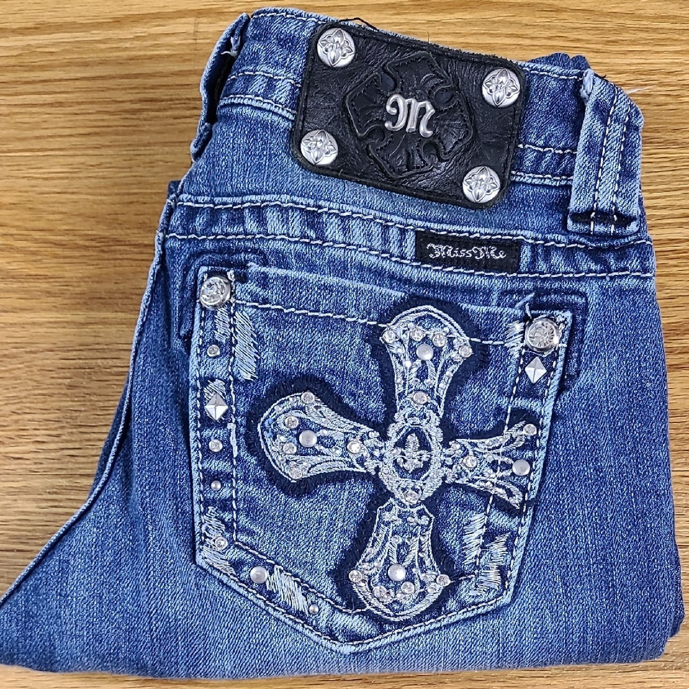 MISS ME VITAGE 25x26 SKINNY JP6133S SPARKLE CROSS MEDIUM DARK WASH FADED JEANS